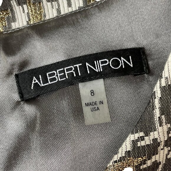 Albert Nipon Houndstooth Plaid Metallic Cocktail Dress Gray Ivory Gold Size 8 - Picture 6 of 8